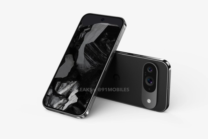 A render of the Google Pixel 9 smartphone in black.
