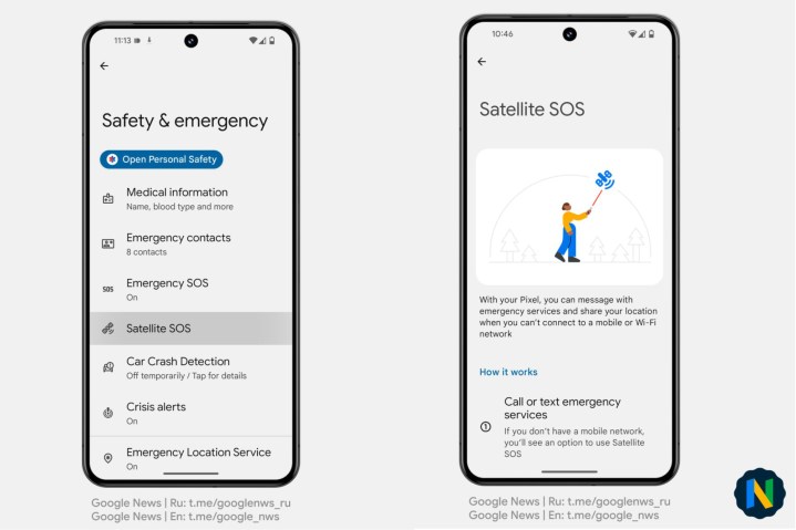 Capturas de pantalla de la función Satellite SOS para teléfonos Google Pixel.