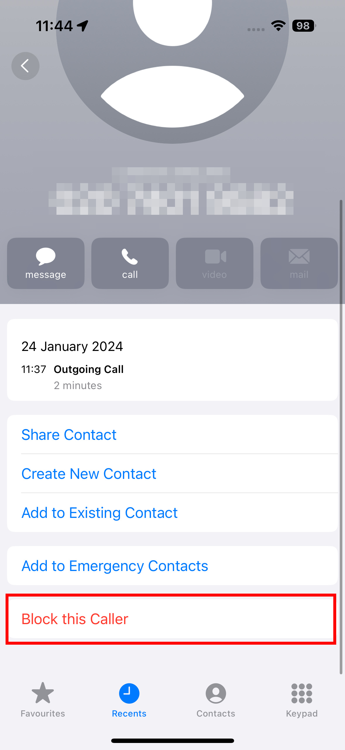 Blocking a specific number in the iPhone Dialer app.