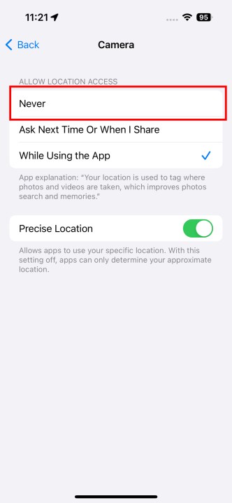 Removing location services from the Camera app.