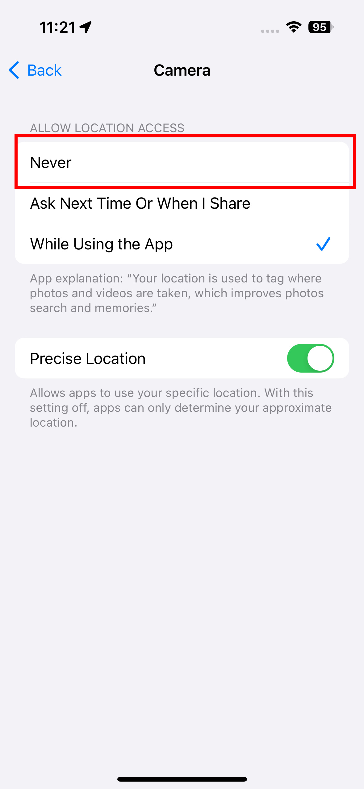 Removing location services from the Camera app.