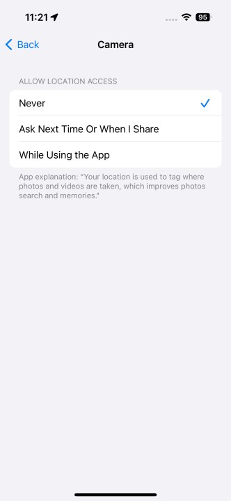 Removed location services from the Camera app.