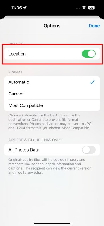 Turning off a location for a shared picture in iOS.