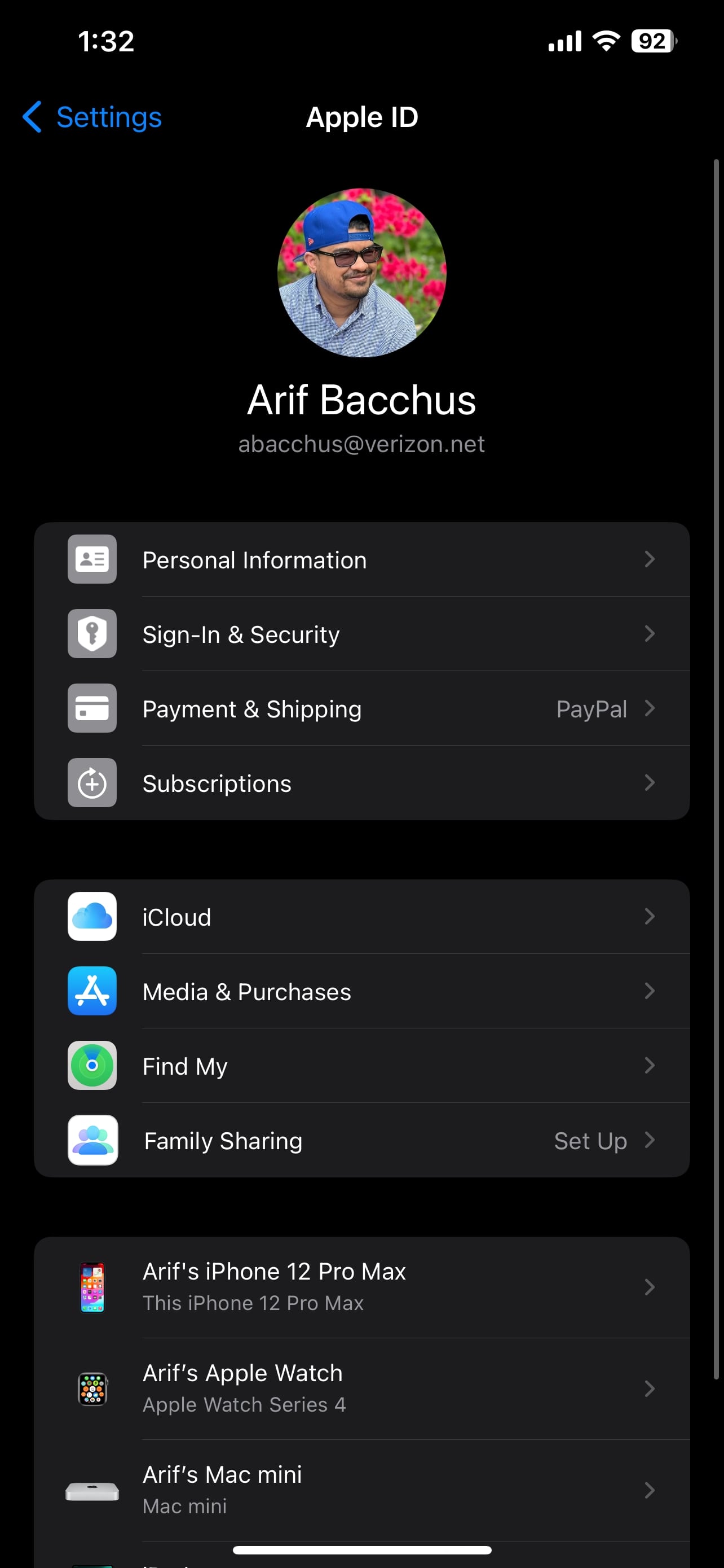 A screenshot of the Apple ID settings page on an iPhone