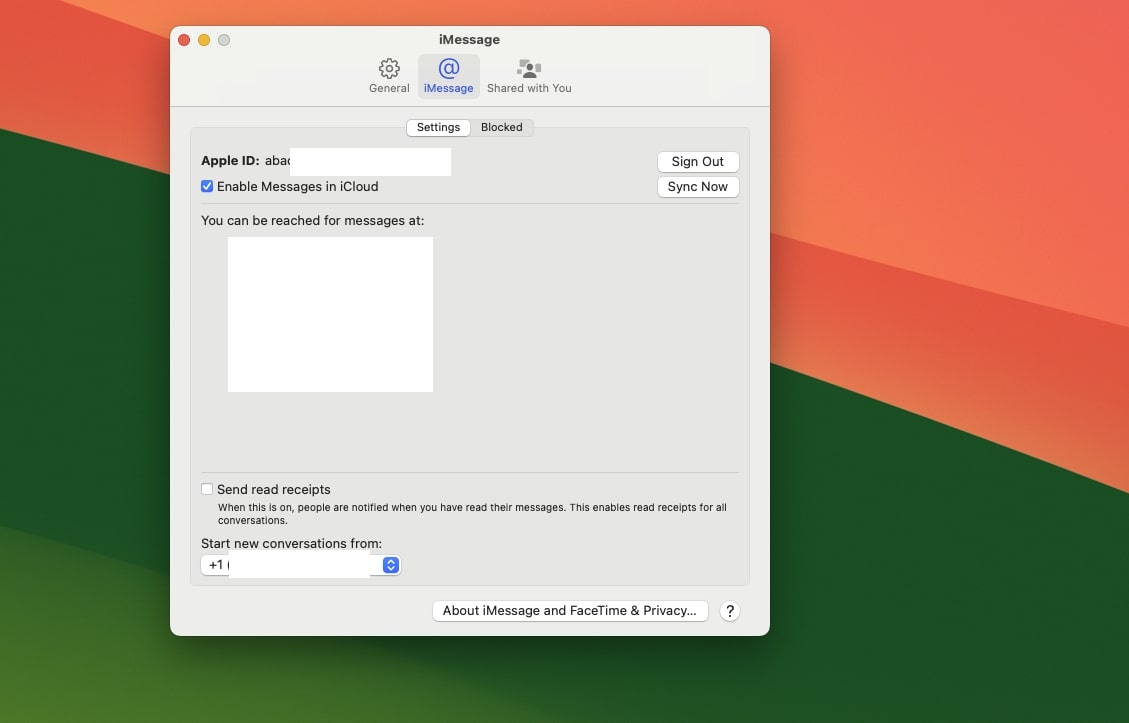 A screenshot of the iMessage settings page on a Mac
