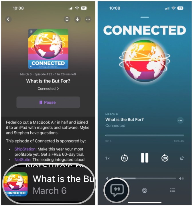 Once it's playing, select the Now Playing bar, then select the Transcript button.