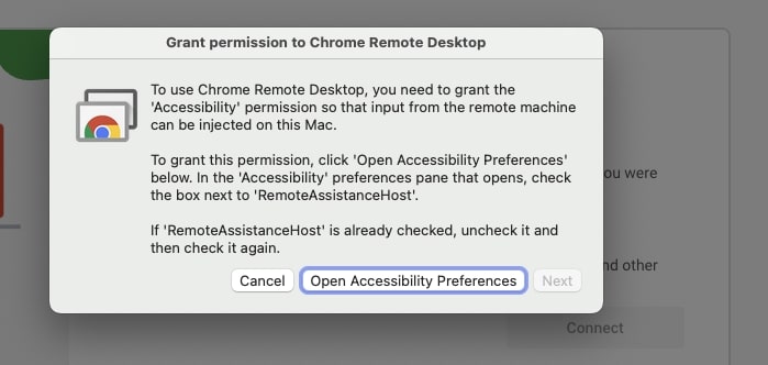 A screenshot of the privacy settings page for Chrome Remote Desktop in macOS