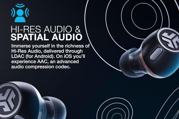 Un gráfico que describe las capacidades de audio de alta resolución y audio espacial de los auriculares inalámbricos JLab Epic Lab Edition.