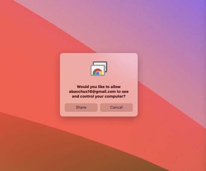 MacOS पर स्क्रीन साझा करने के लिए सुरक्षा चेतावनी स्वीकार करने के संकेत का स्क्रीनशॉट