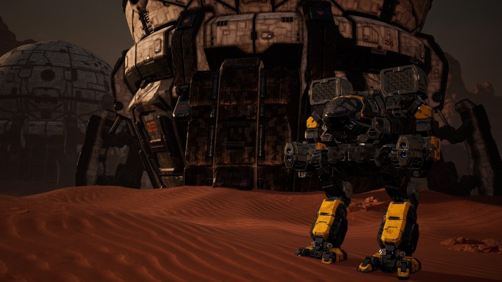 A mech stands near a round structure in MechWarrior 5: Clans.