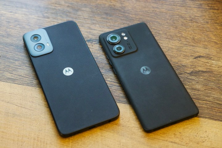 The Moto G Power 5G (2024) laying next to the Motorola Edge (2023).