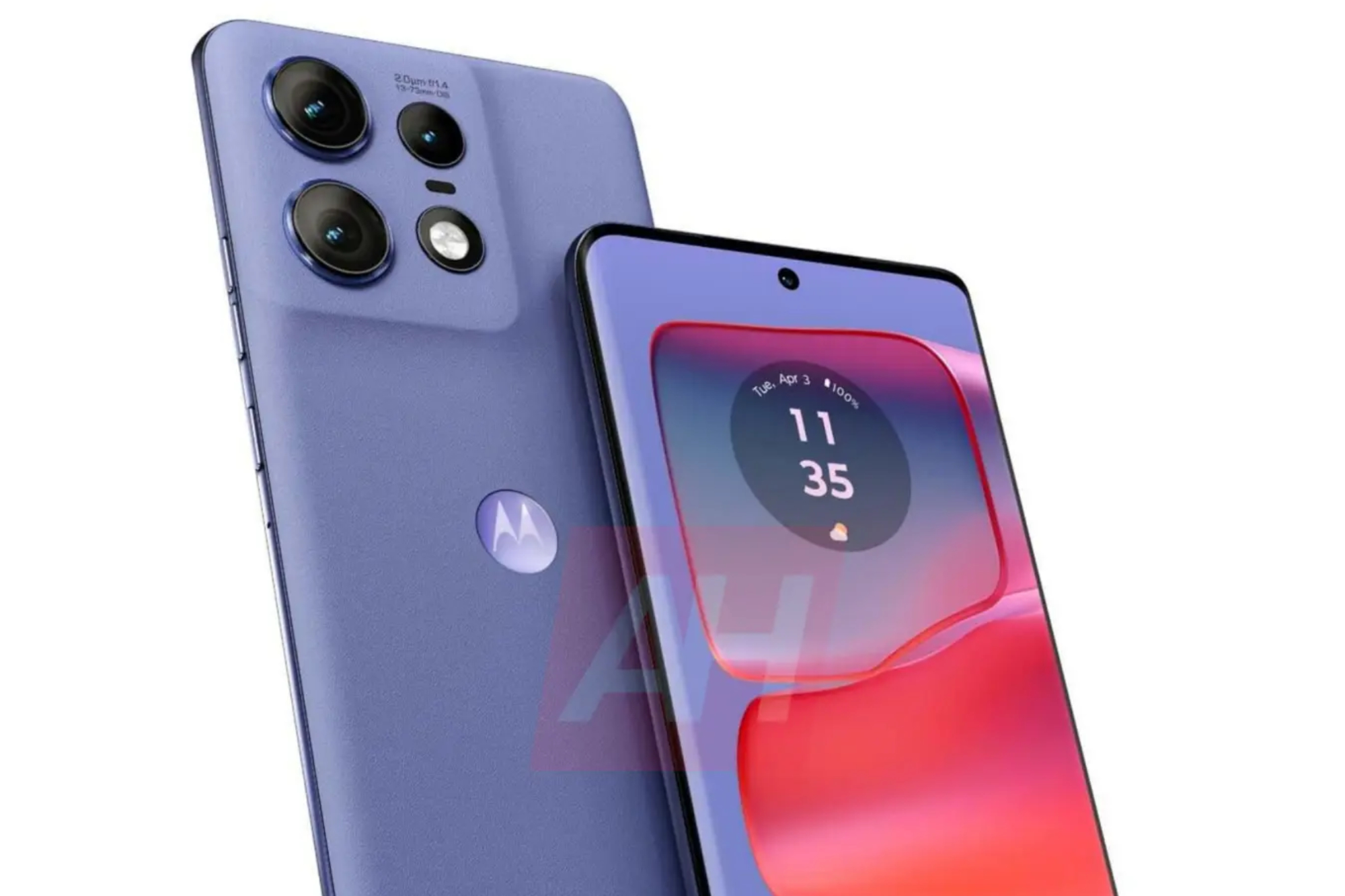 A leaked render of the purple Motorola Edge Plus (2024), showing the front and back of the phone.