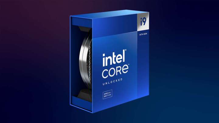The Intel Core i9-14900KS processor inside a box over a purple background.