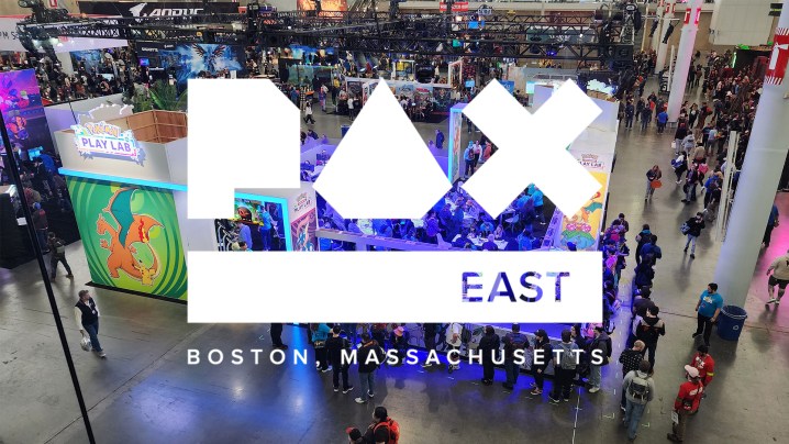 A white PAX East logo over an image of a busy convention show floor. 