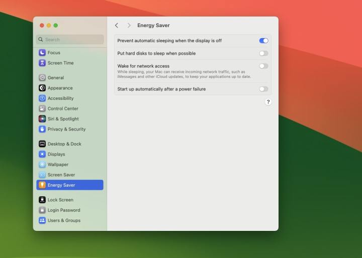 MacOS के लिए पावर सेटिंग पेज का स्क्रीनशॉट