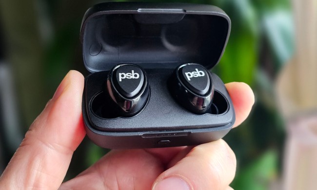 PSB Speakers M4U TWM earbuds in open charging case.