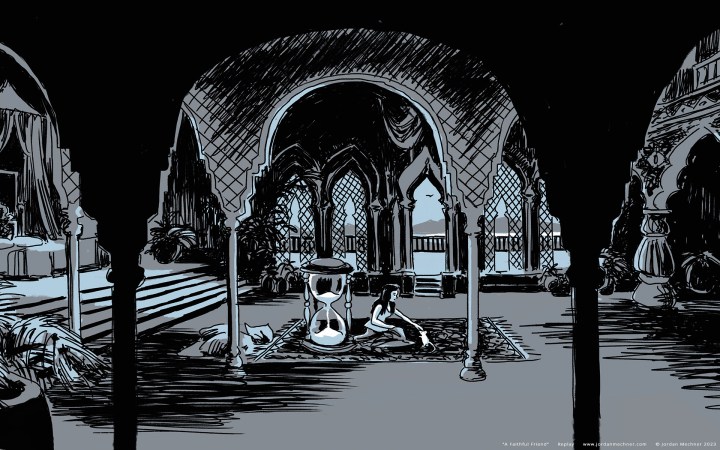 На иллюстрации из Replay изображена принцесса рядом с песочными часами.