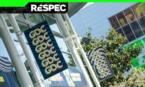 A banner with GDC on it outside a conference center.