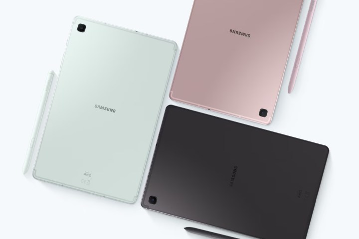 Three Samsung Galaxy Tab S6 Lite 2024 tablets next to each other, in mint, pink, and black.
