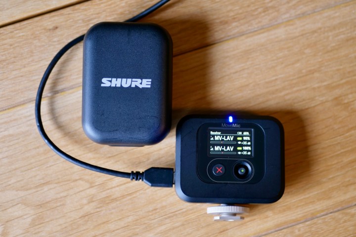 The Shure MoveMic receiver and microphone case.