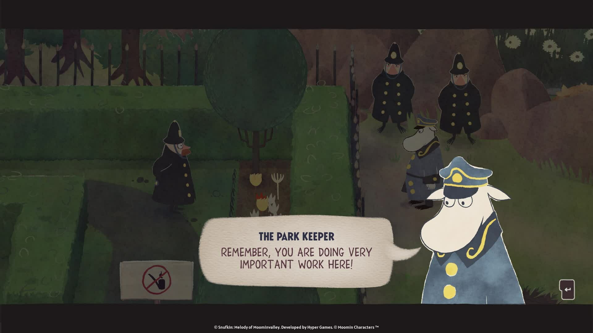 A Park Keeper speaks in Snufkin: Melody of Moominvalley.
