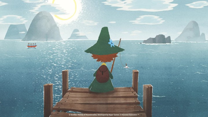 Snufkin fishes off a dock in Snufkin: Melody of Moominvalley.