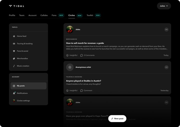 A screenshot of Tidal's Circles feature for artists.