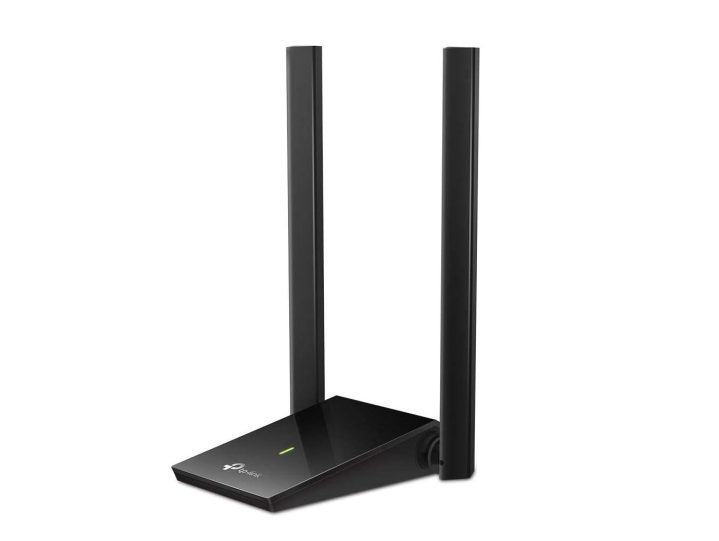 The TP-Link Archer T4U Plus with its two antennae up.