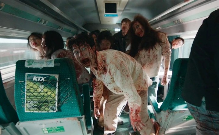Zombies infiltrate a train in Train to Busan.