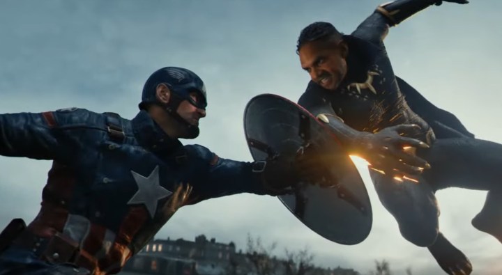 Captain America and Black Panther face off in a screenshot from a Marvel game.