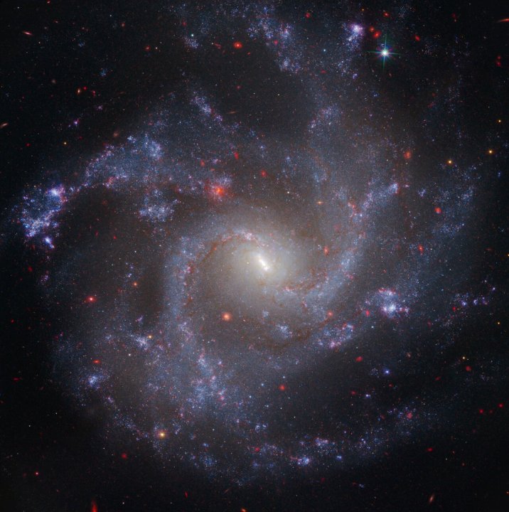 Esta imagen de NGC 5468, una galaxia situada a unos 130 millones de años luz de la Tierra, combina datos de los telescopios espaciales Hubble y James Webb. Esta es la galaxia más distante en la que el Hubble ha identificado estrellas variables Cefeidas. Estos son hitos importantes para medir la tasa de expansión del Universo. La distancia calculada a partir de las Cefeidas se ha correlacionado con una supernova de tipo Ia en la galaxia. Las supernovas de tipo Ia son tan brillantes que se utilizan para medir distancias cósmicas mucho más allá del alcance de las Cefeidas, extendiendo las mediciones de la tasa de expansión del Universo más profundamente en el espacio.