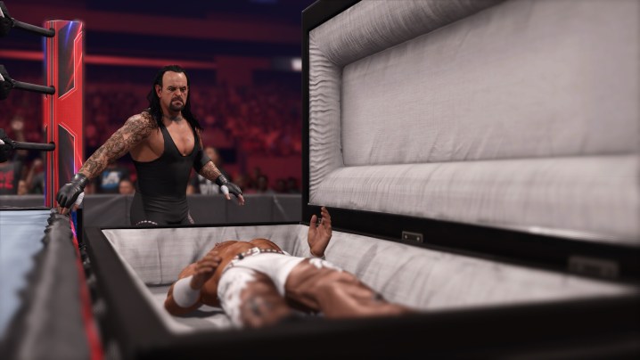 The Undertaker stands near a casket in WWE 2K24.