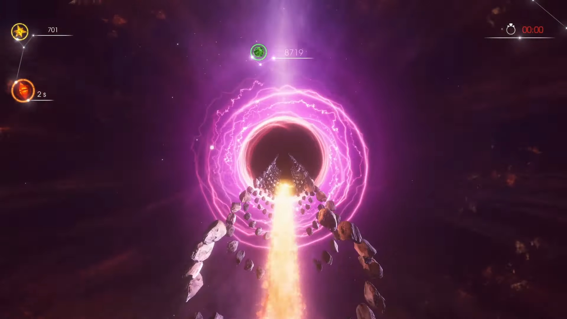 A meteor flying toward a purple hole.