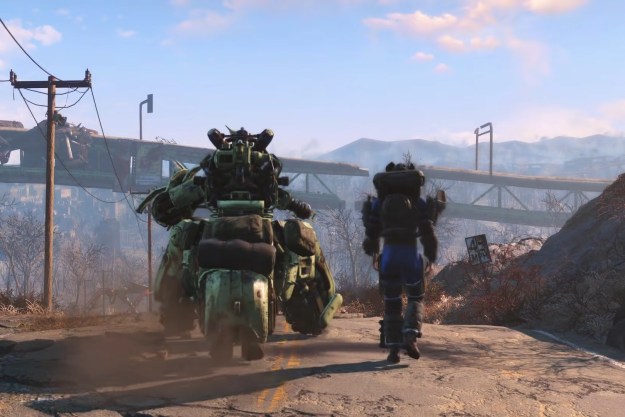 A man and a robot walking in the wastelands in Fallout 4.