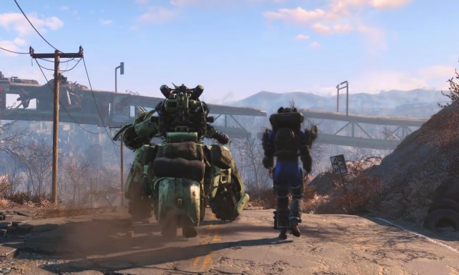 A man and a robot walking in the wastelands in Fallout 4.
