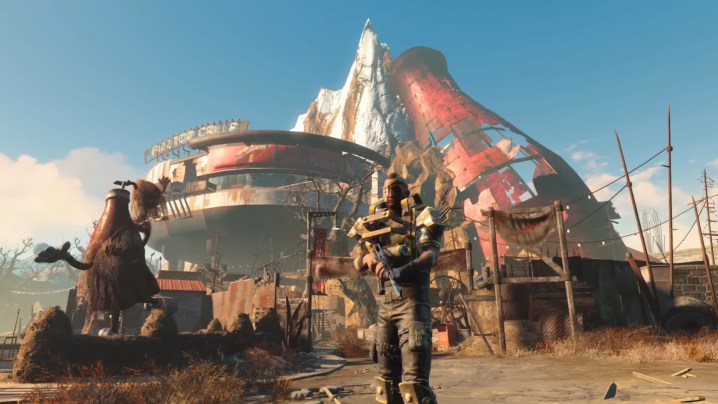 A raider standing outside nuka-world in Fallout 4.