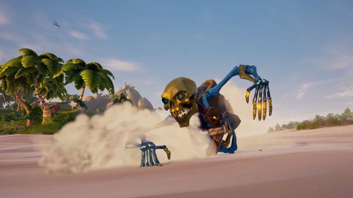 An ancient skeleton in the sand in Sea of Thieves.