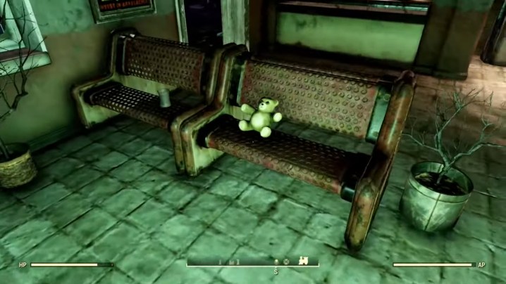 A teddy bear in a train station in Fallout 76.