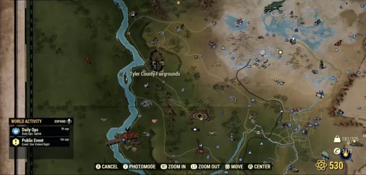 A map to the fairgrounds in Fallout 76.