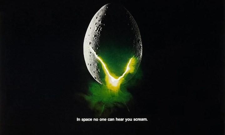 An alien egg cracks open with the tagline "In space no one can hear you scream" underneath in the Alien movie poster.