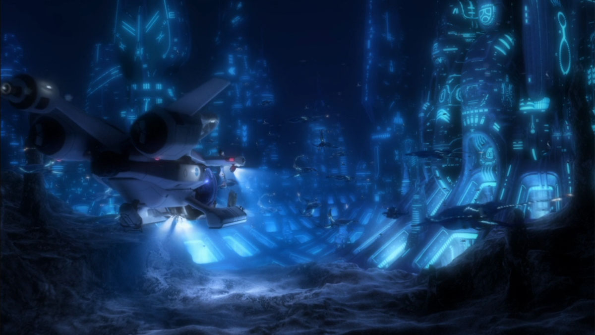 An imagined underwater alien civilization in Aliens of the Deep.