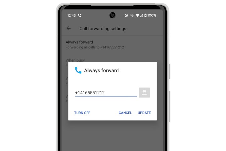 Android call forwarding settings showing number to forward calls to.
