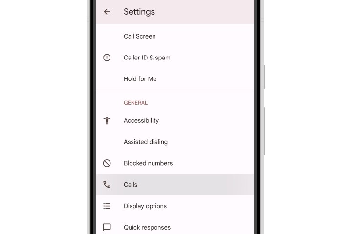 Android Phone app settings with Calls highlighted.