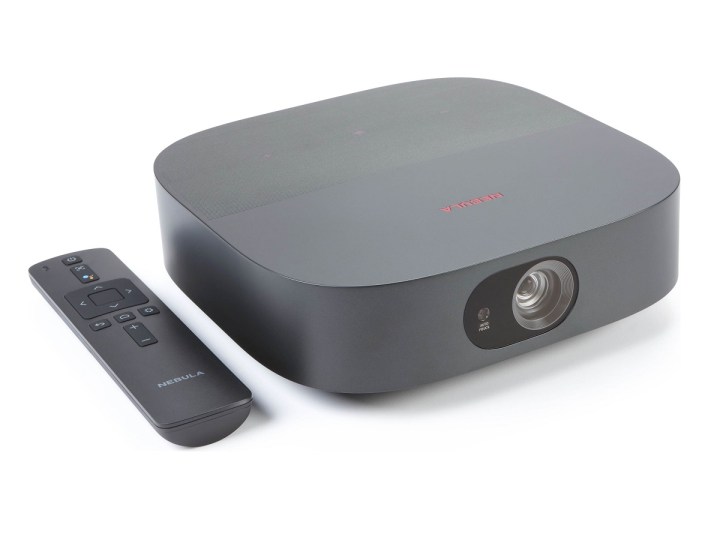 The Anker Nebula Vega portable projector with its remote control.