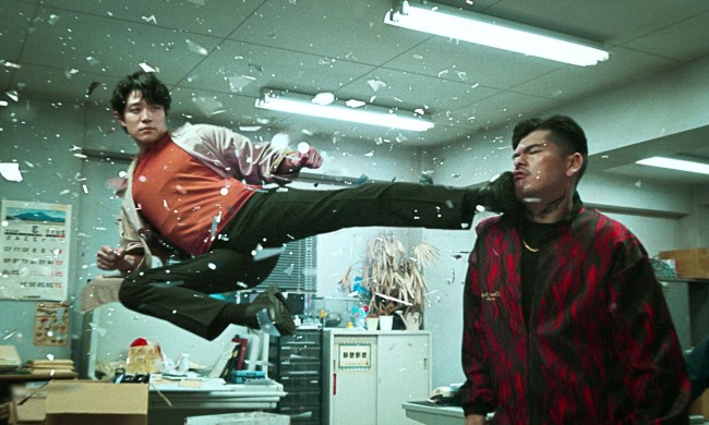 A man floating in air kicks another man in the face in City Hunter.