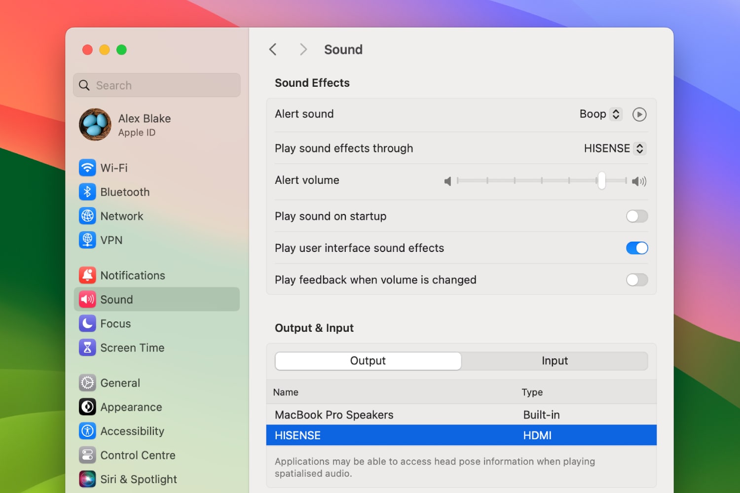 The System Settings app in macOS Sonoma, showing the Sound settings section.