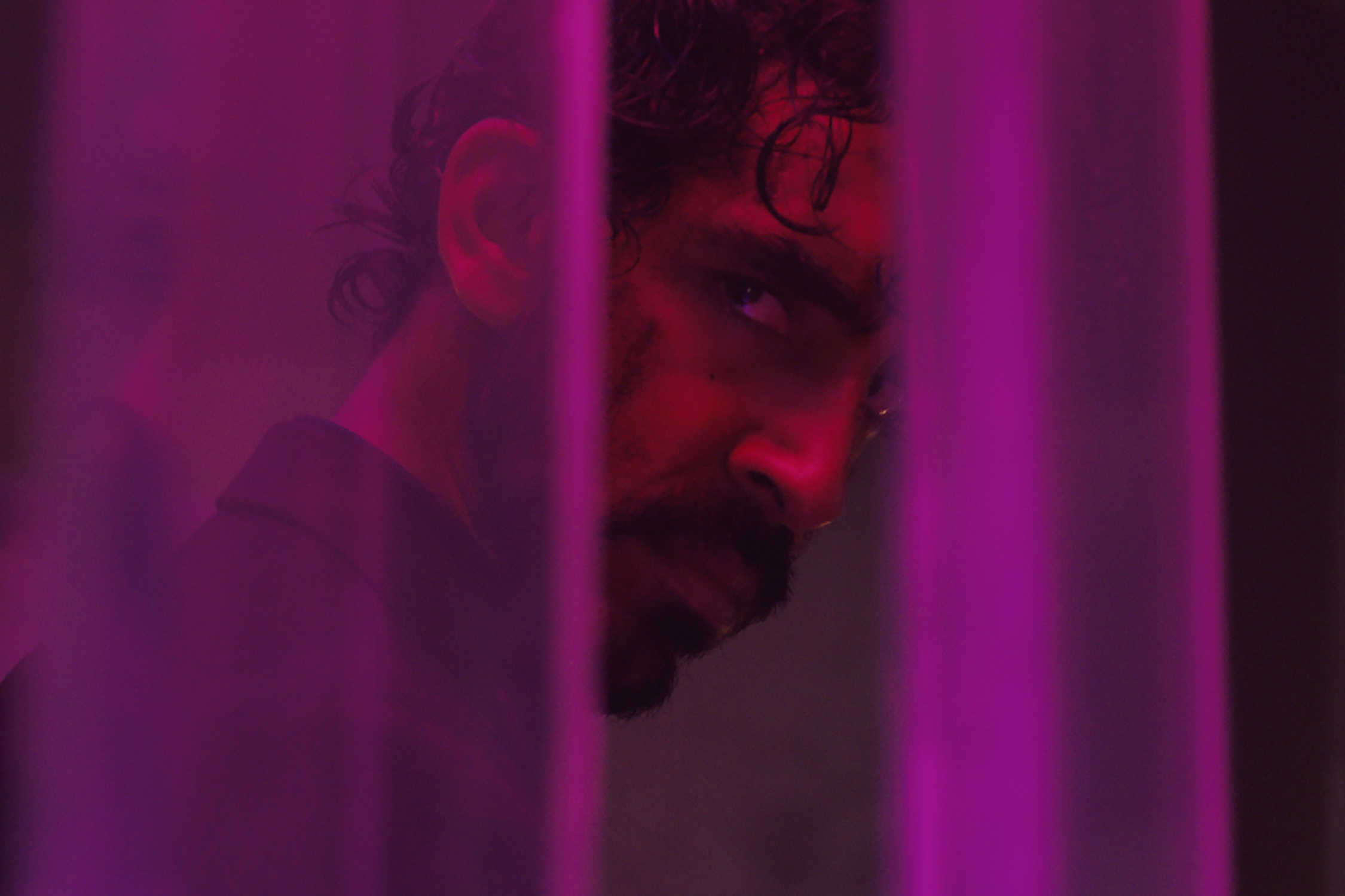 Dev Patel lit by purple and red lights in Monkey Man.