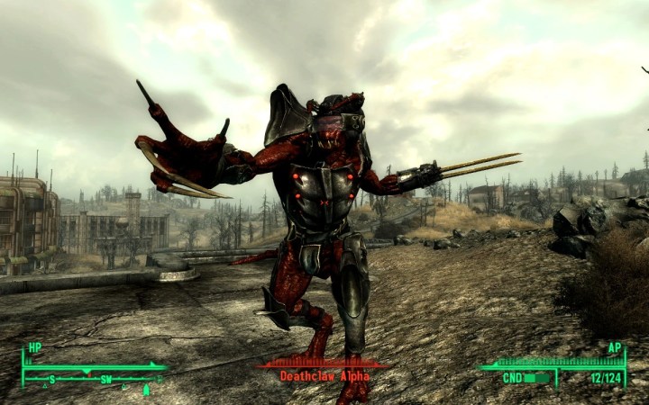 An alpha deathclaw enforcer attacking in Fallout 3.
