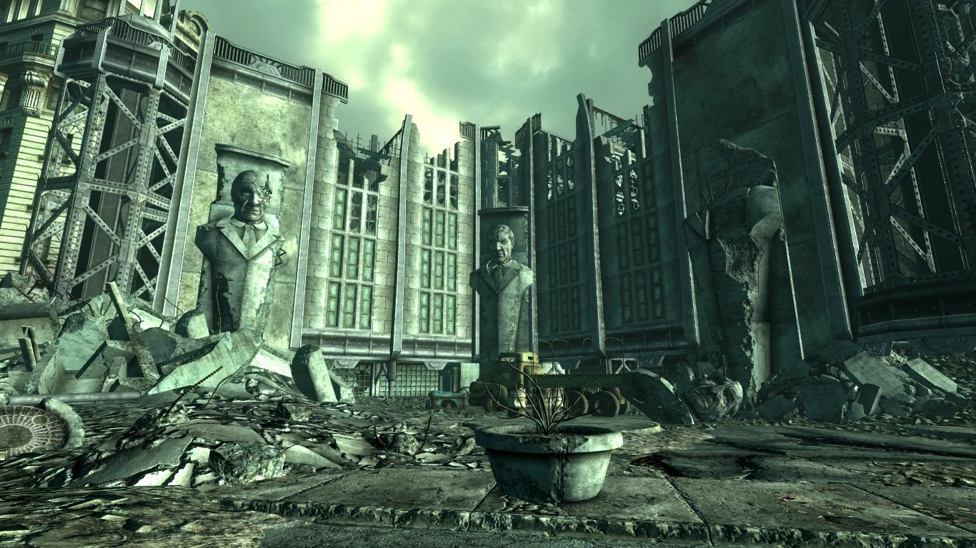 A courtyard with statues in Fallout 3.