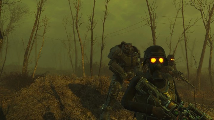 《辐射 4》中绿色天空下的士兵。